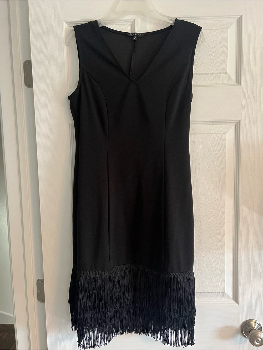MARINA Black Sleeveless V-Neck Fringe Hem Mini Dress